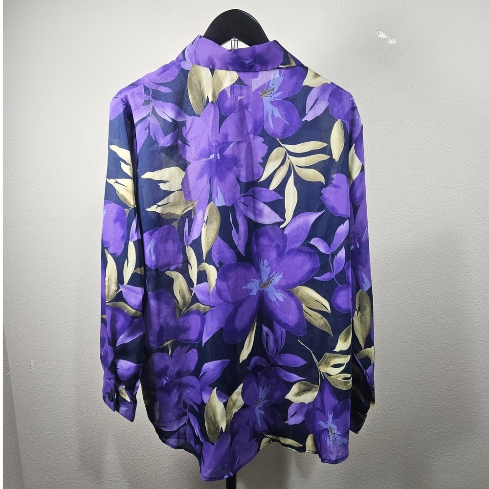 Susan Graver Style Blouse Women Large Purple Floral Button Down Long Sleeve Chic - Picture 3 of 11
